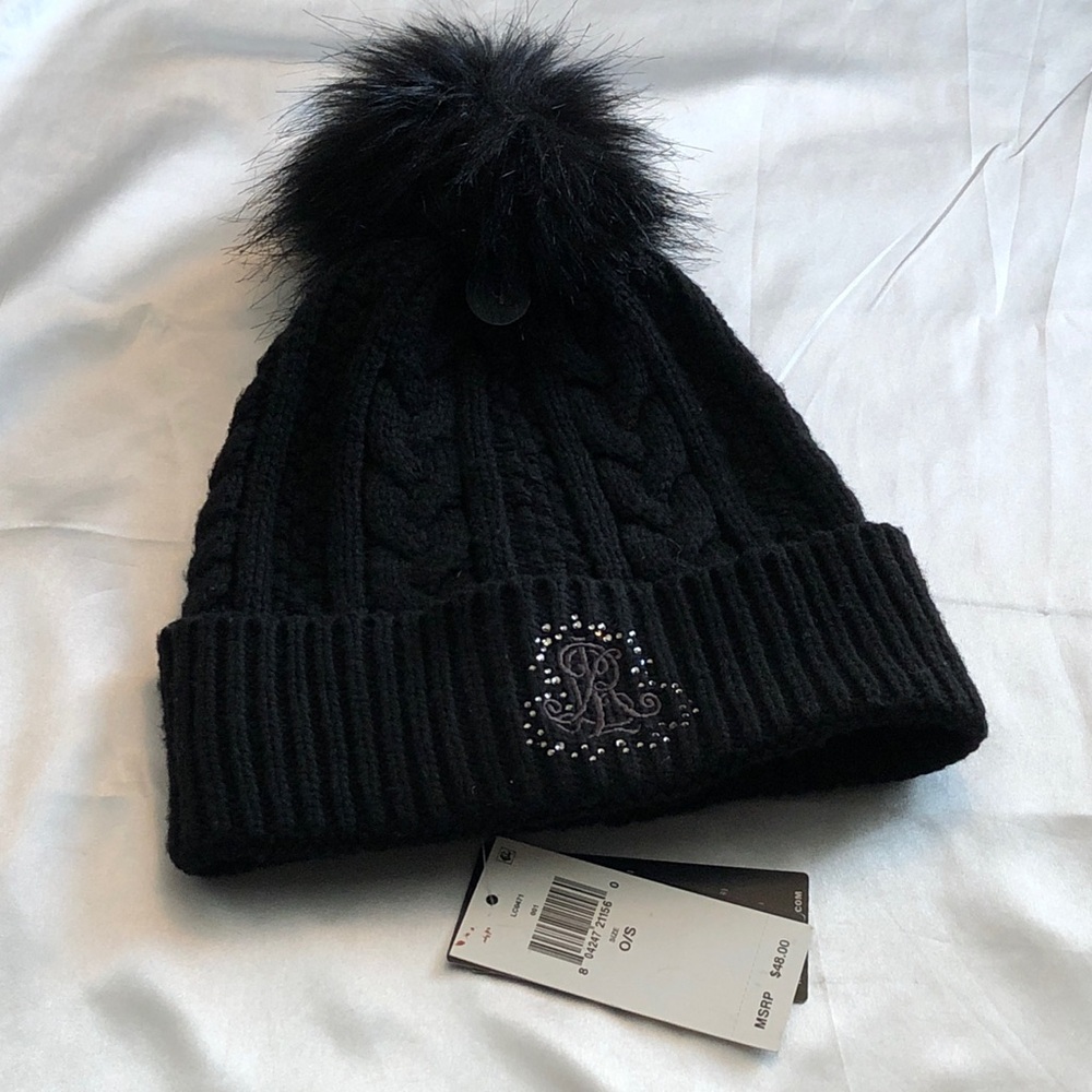 Lauren Ralph Lauren Black Cable Knit Pom Pom Beanie Embellished RLL Logo OS NWT